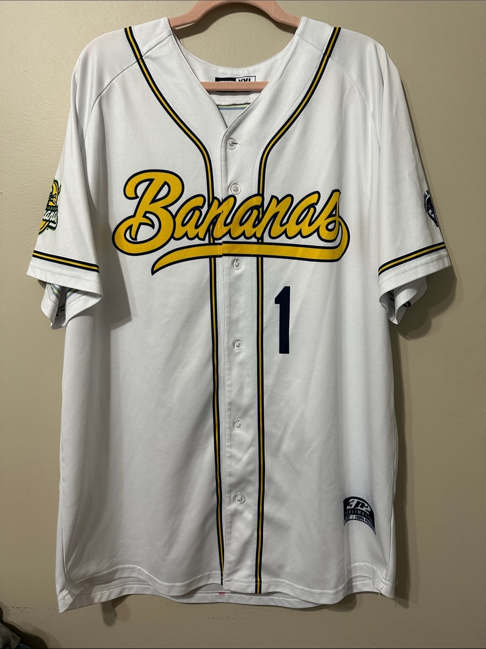 Savannah Bananas Men's White Baseball Jersey with Yellow Script